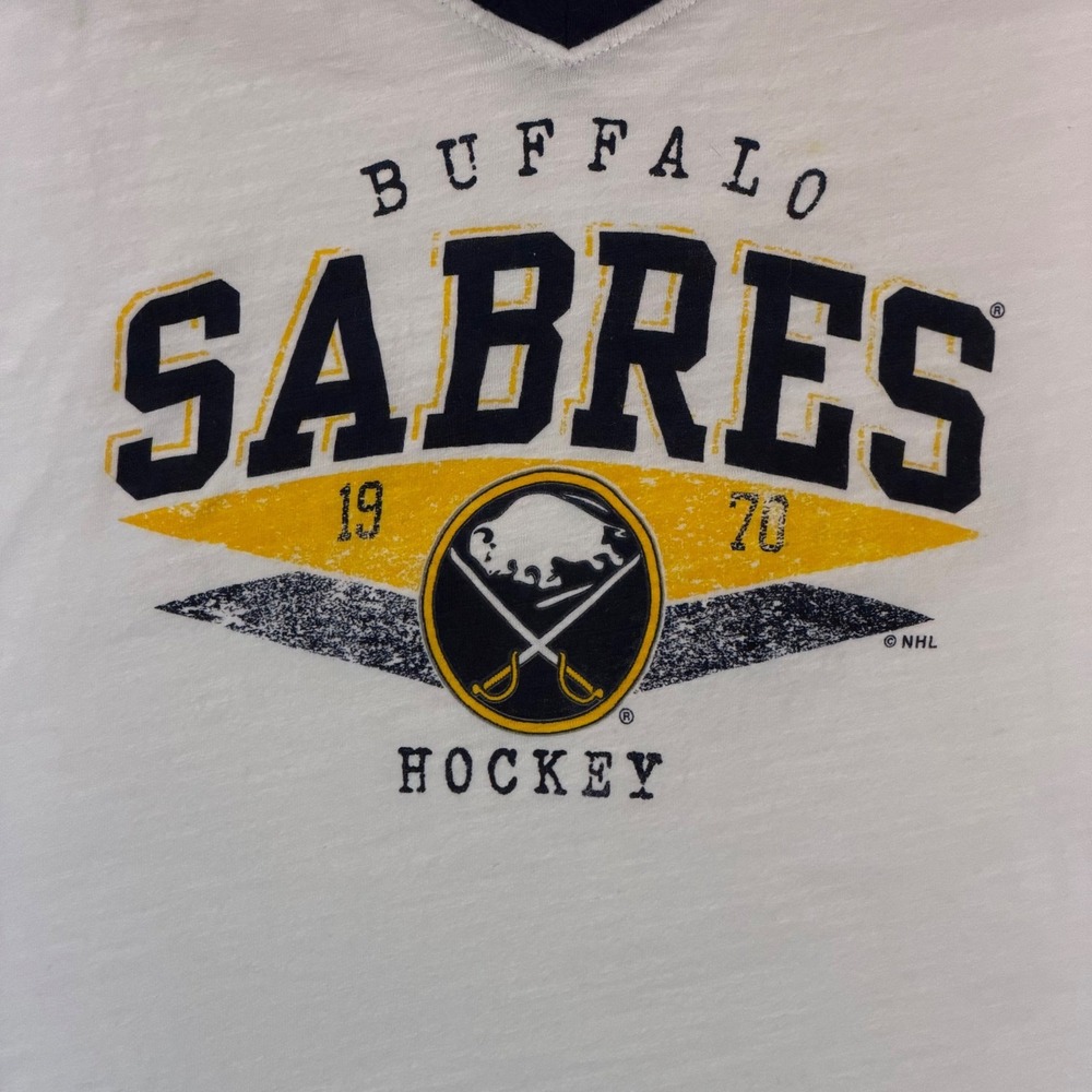 Buffalo Sabres Womens L Long Sleeve V Neck Raglan Tee NHL Navy White - Picture 3 of 8